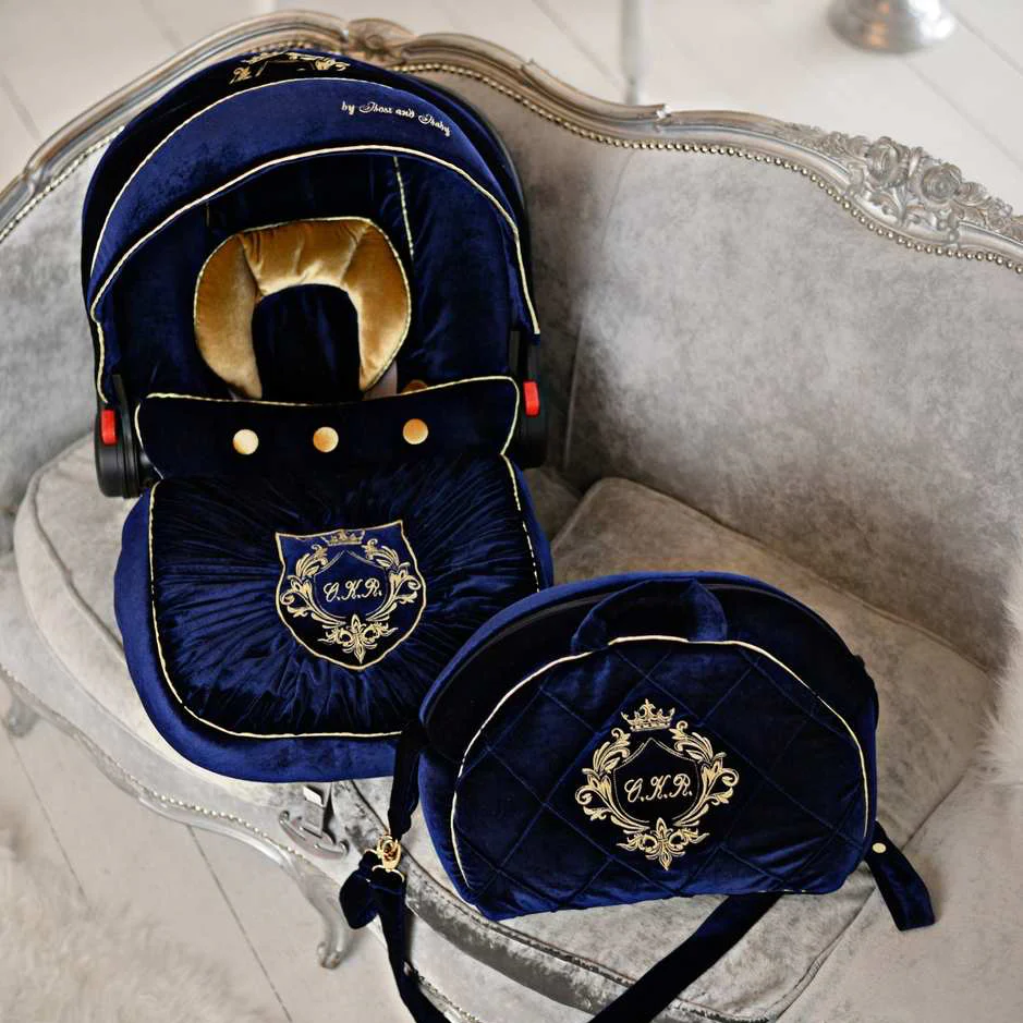 Royal Blue Velvet Baby Car Seat Cover Set with Embroidery - Image 3