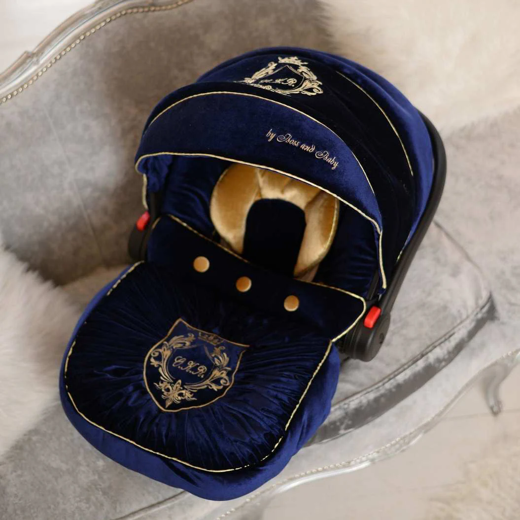 Royal Blue Velvet Baby Car Seat Cover Set with Embroidery - Image 4