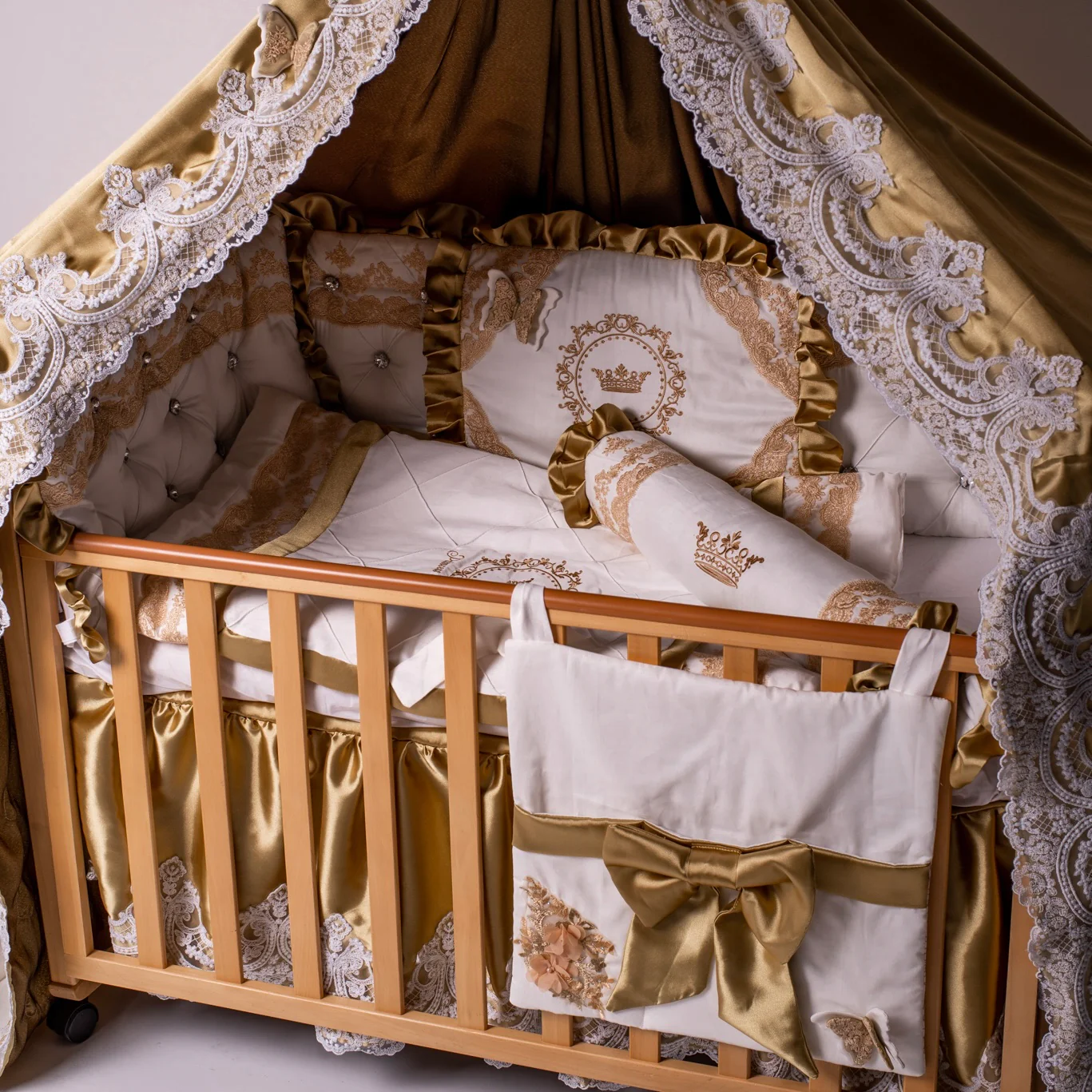 Luxury Royal Gold Crown Crib Bedding Set with Canopy - Image 5