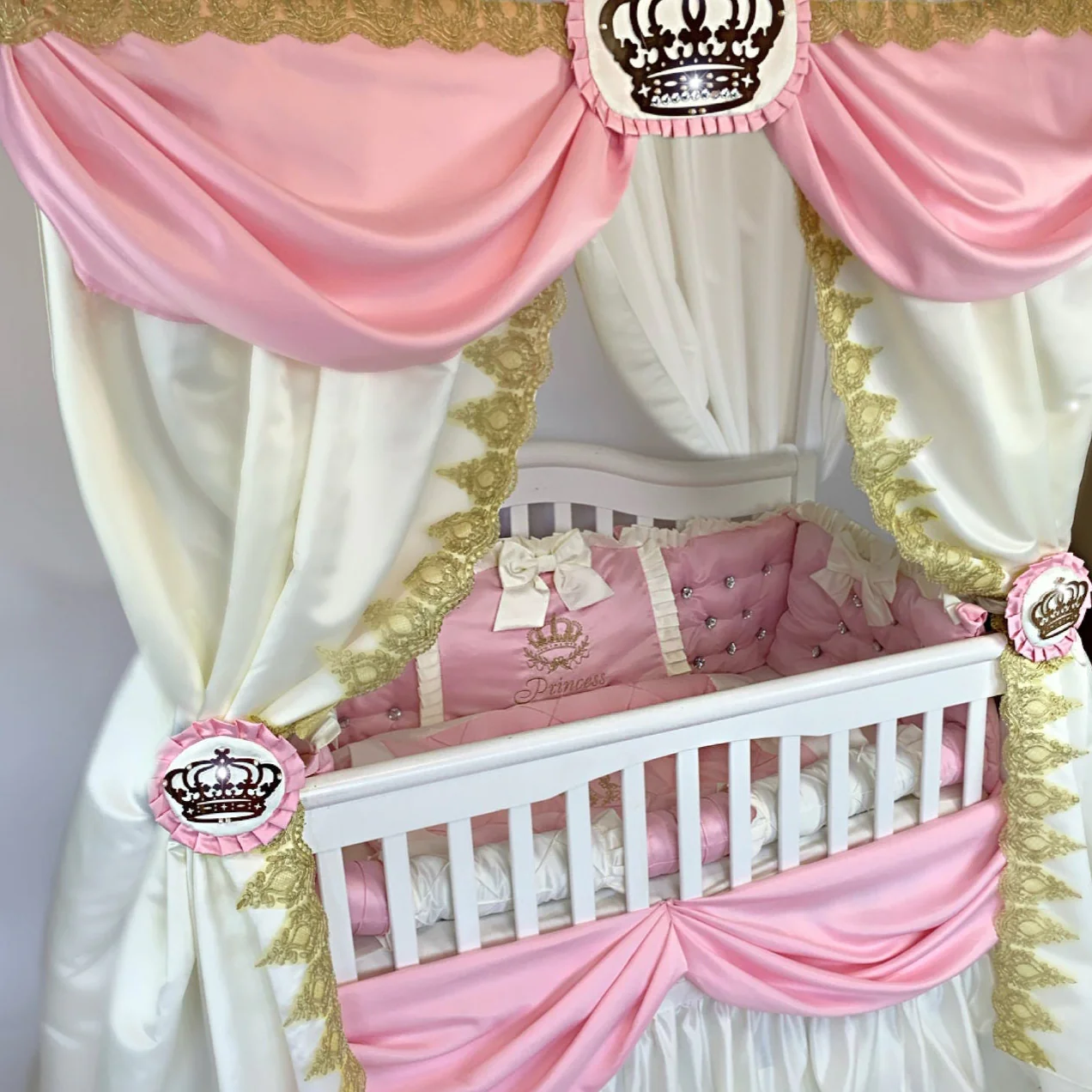 Royal Palace Luxury Pink Baby Girl Bedding Set with Draped Canopy & Lace, Rhinestones - Image 3