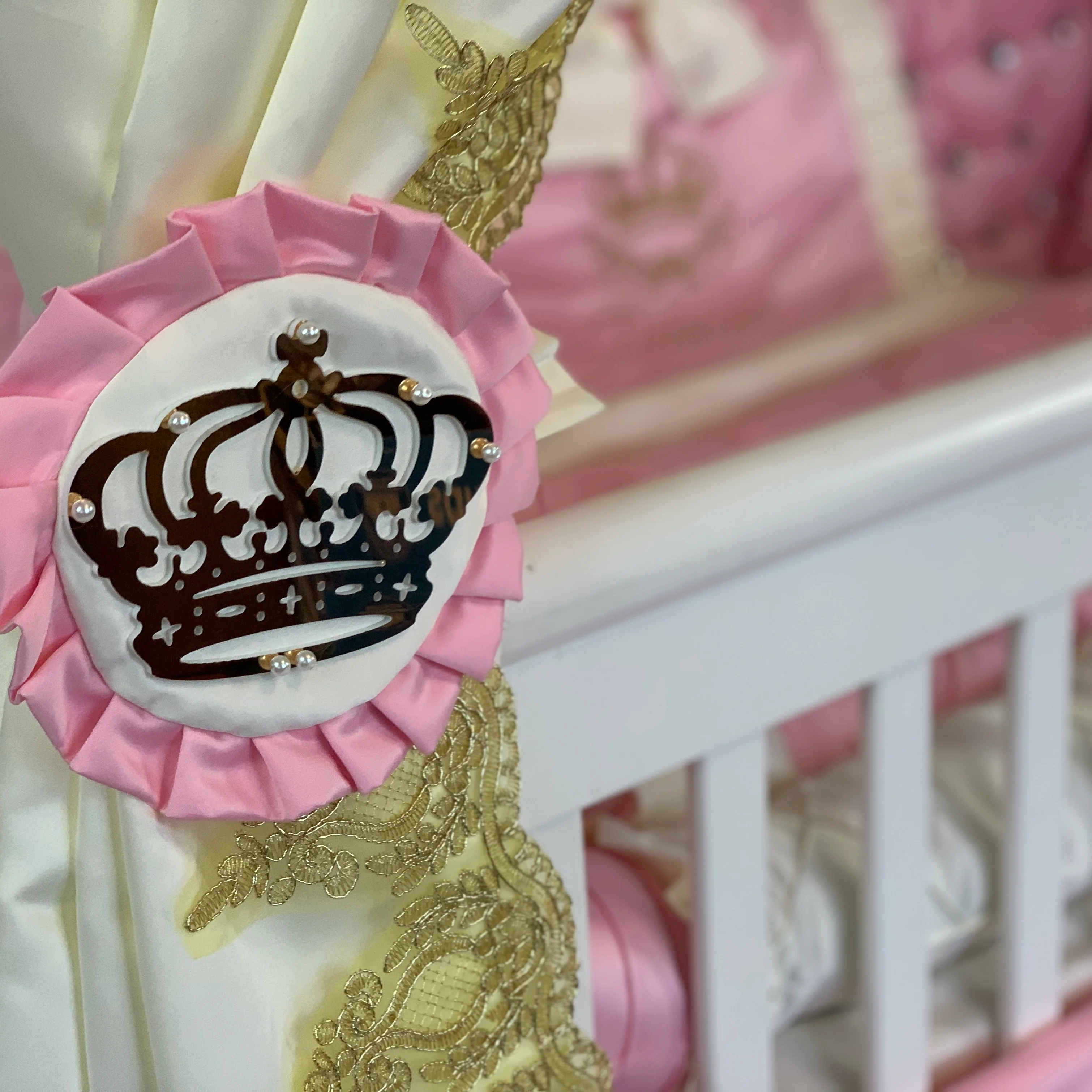 Royal Palace Luxury Pink Baby Girl Bedding Set with Draped Canopy & Lace, Rhinestones - Image 4