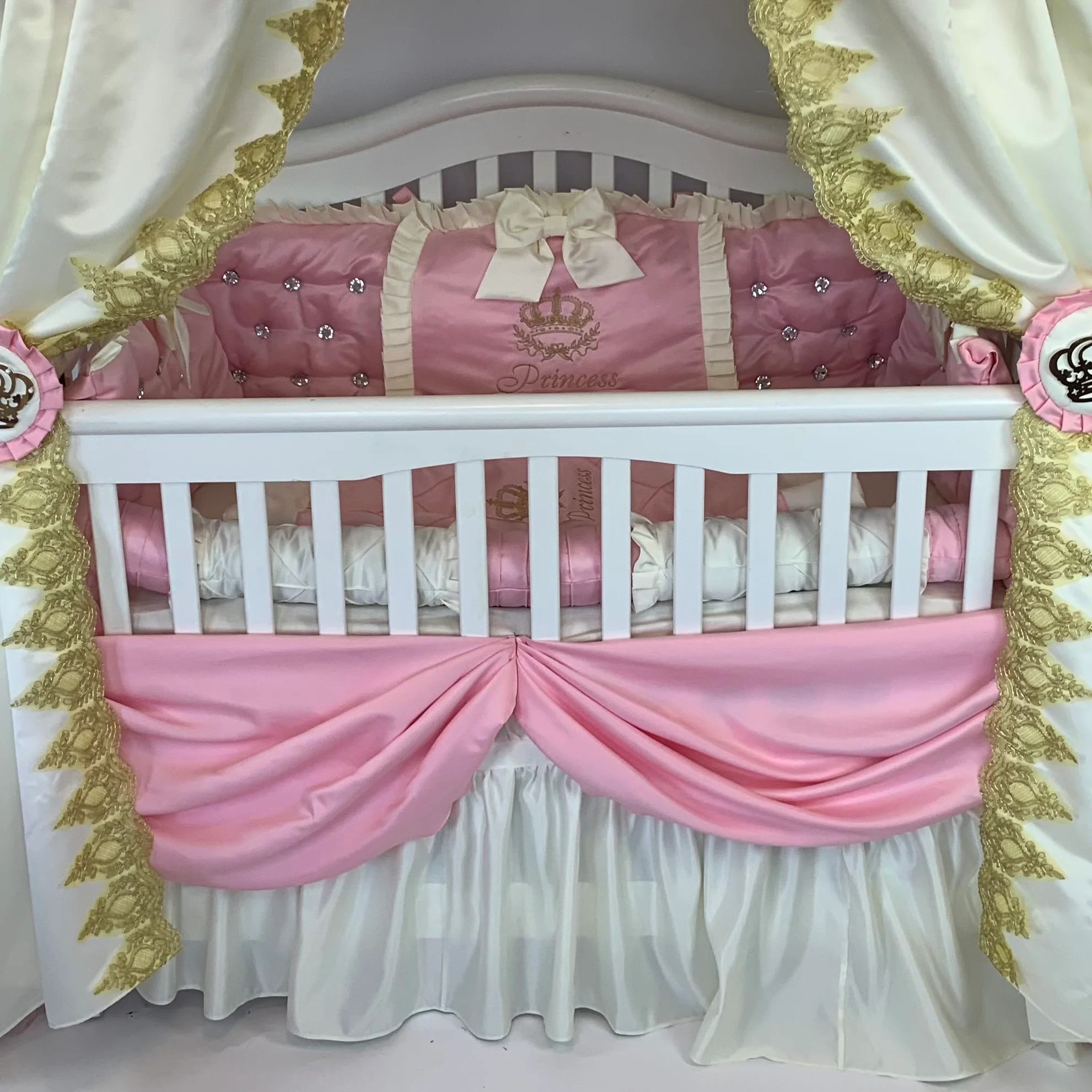 Royal Palace Luxury Pink Baby Girl Bedding Set with Draped Canopy & Lace, Rhinestones - Image 5
