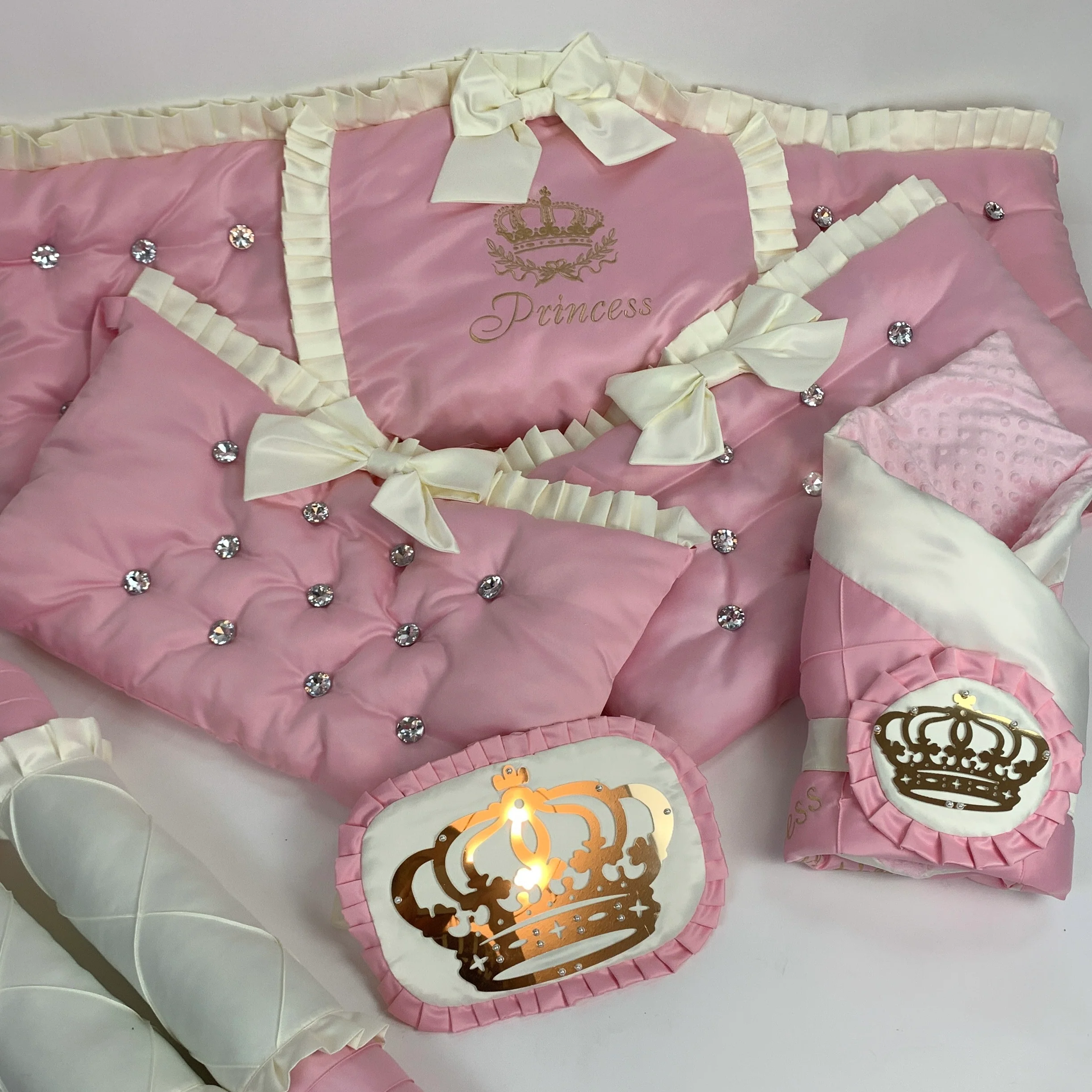 Royal Palace Luxury Pink Baby Girl Bedding Set with Draped Canopy & Lace, Rhinestones - Image 6