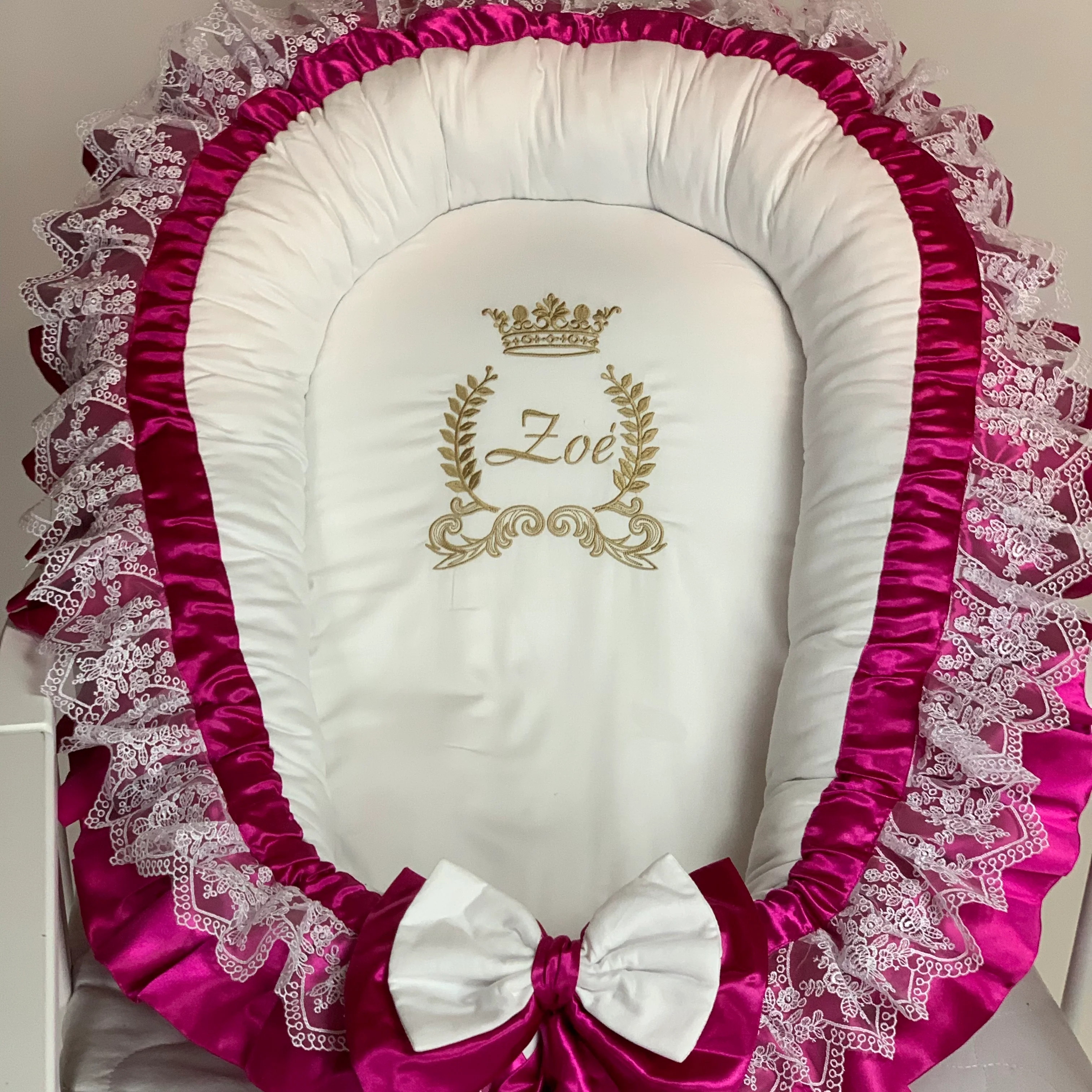 Fuchsia Pink Classic Princess Ruffles Baby Nest with Royal Embroidered for Girl - Image 3