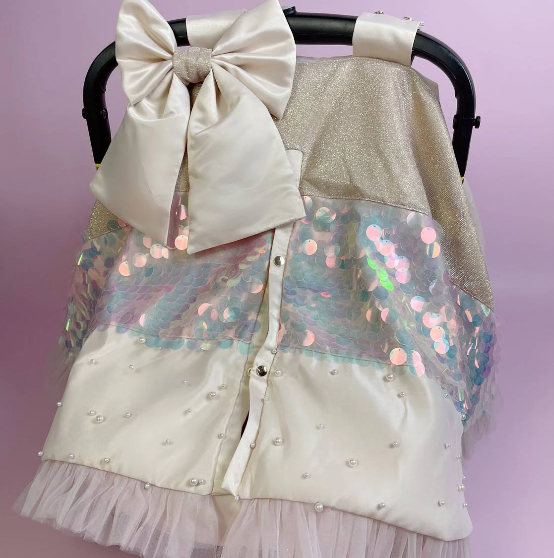 Sequin Baby Car Seat Cover with Bow – Universal Fit - Image 3