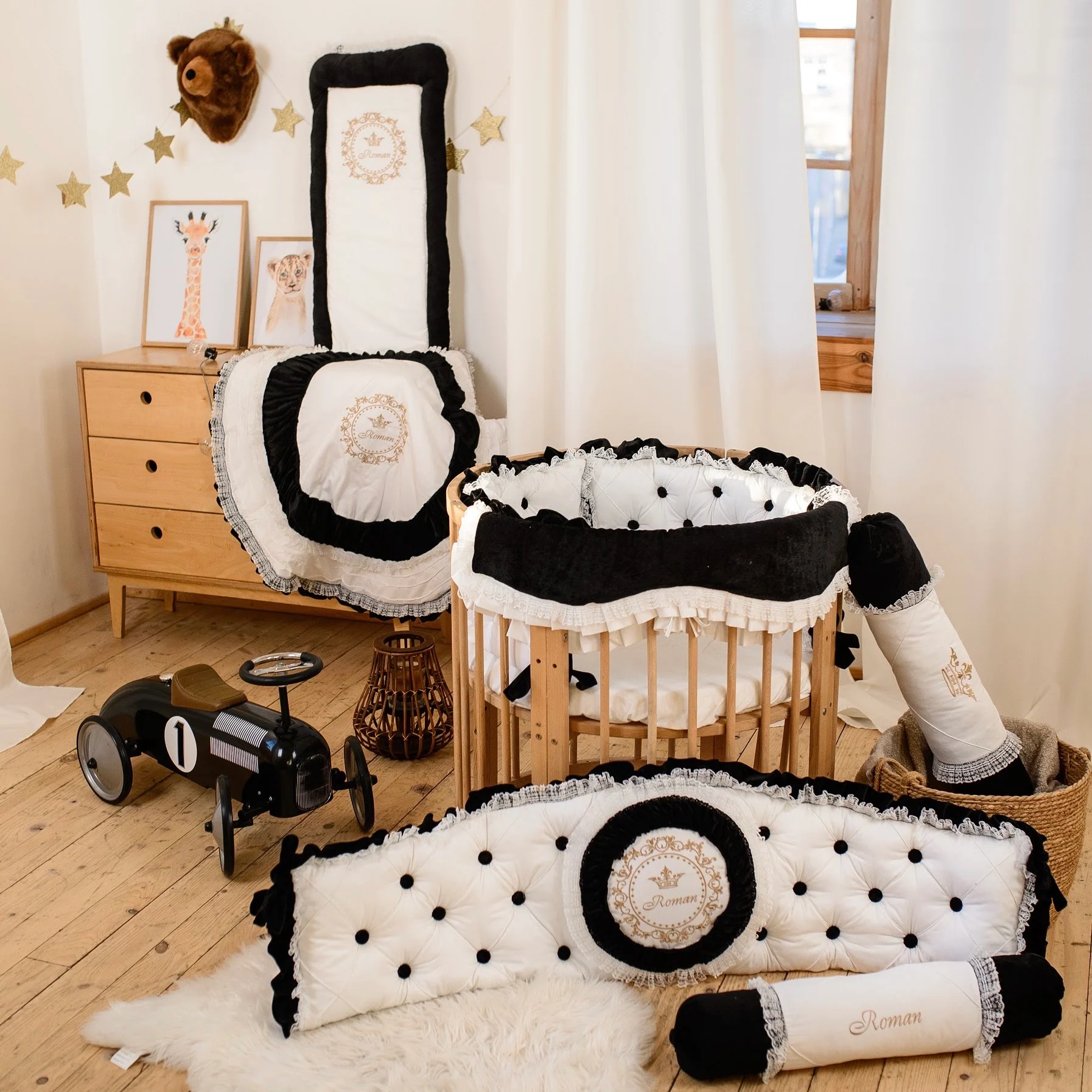 Personalized Luxury Royal Black Crown Small Round Crib Bedding Set - Image 5