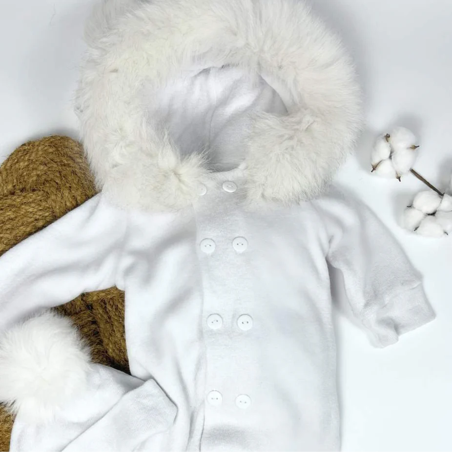 Snowy White Baby Romper with Fur Trim for Winter - Image 4